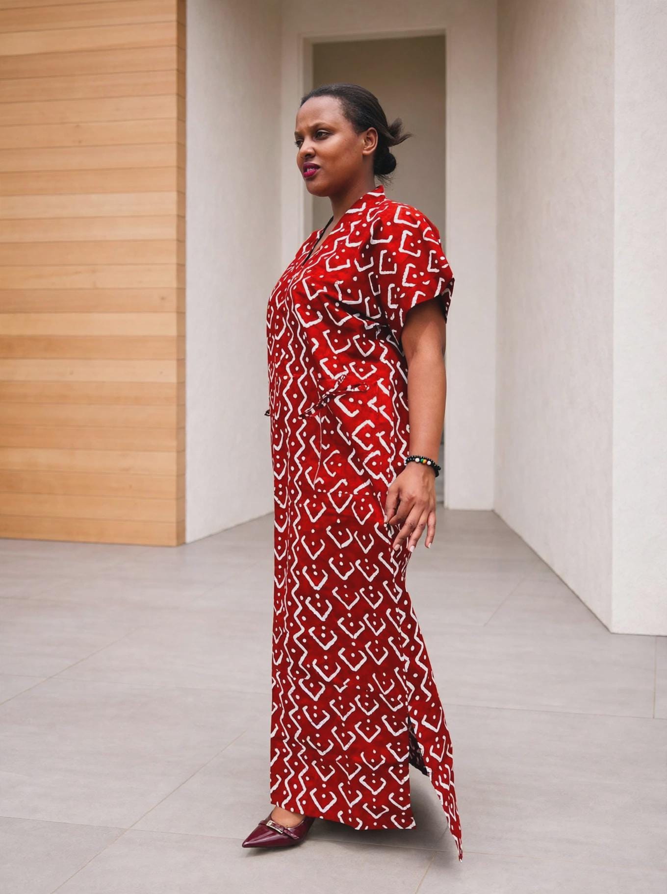 Geometric Rhombus Boubou Gown | Monochromatic Red Kaftan, Chevron-Frame Maxi