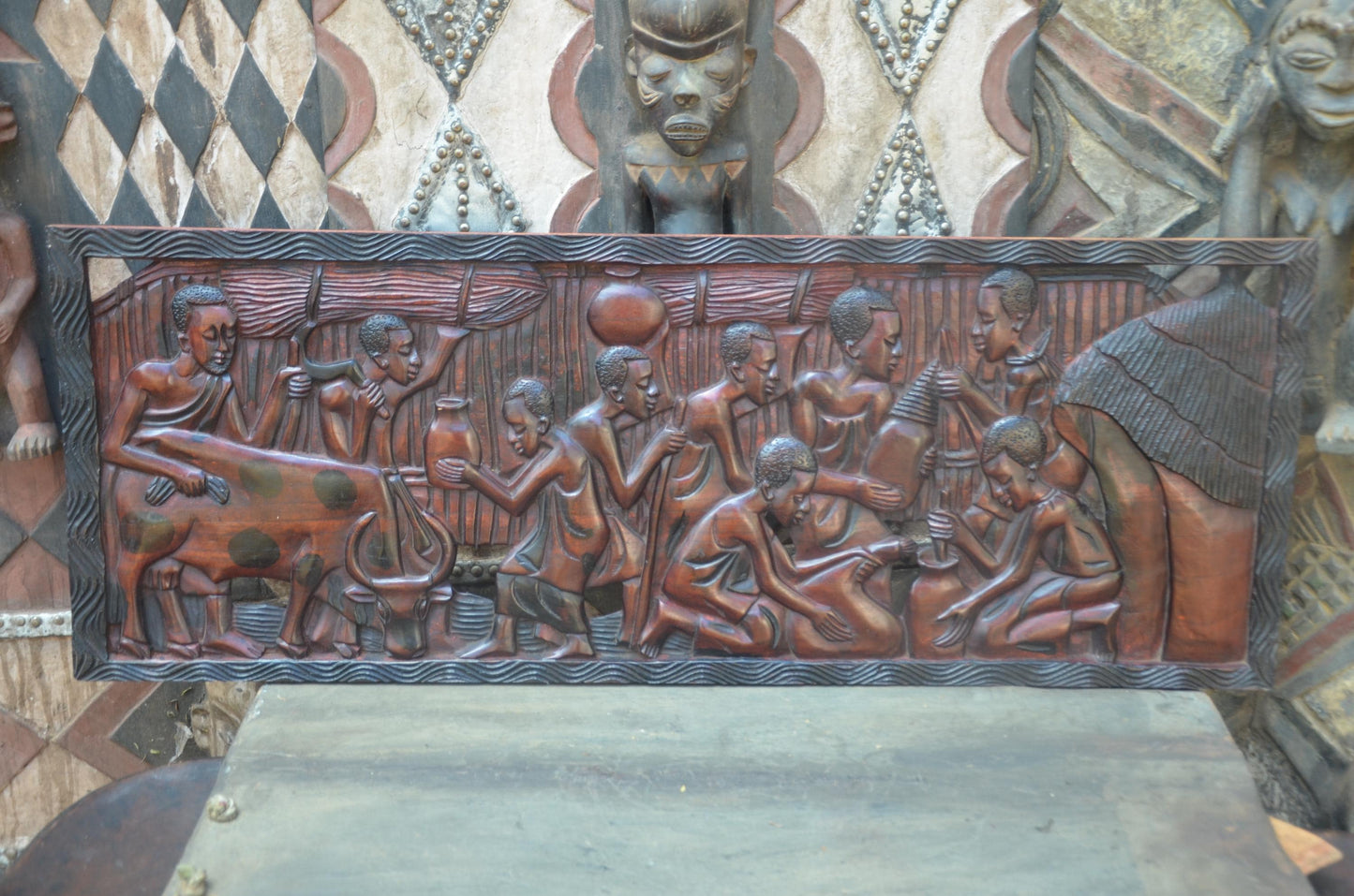 African Community Celebration Wall Plaque | Large Hand-Carved Wooden Relief Art | Village Gathering Wall Decor | Ethnic Sculptural Panel
