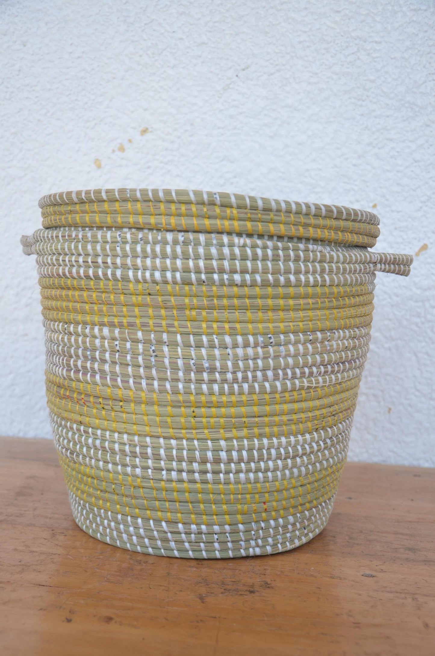 Handwoven Senegalese Coil Basket with Lid | Yellow and White Boho Storage Bin