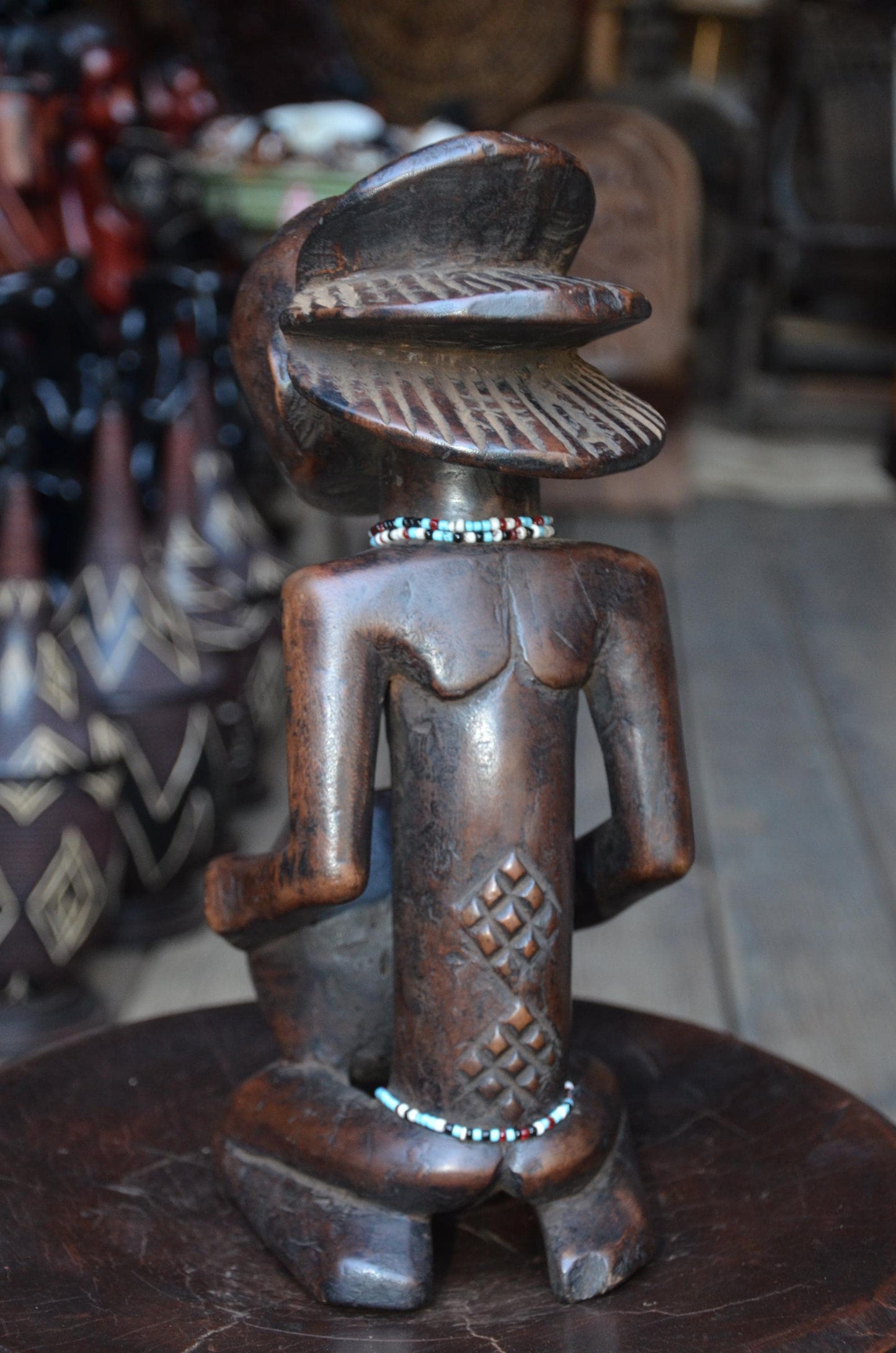 Authentic Luba Bowl-Bearer Statue - 14" Hand-Carved Wood Mboko Female Ancestor Sculpture, Devotional Figure with Bead Accent.