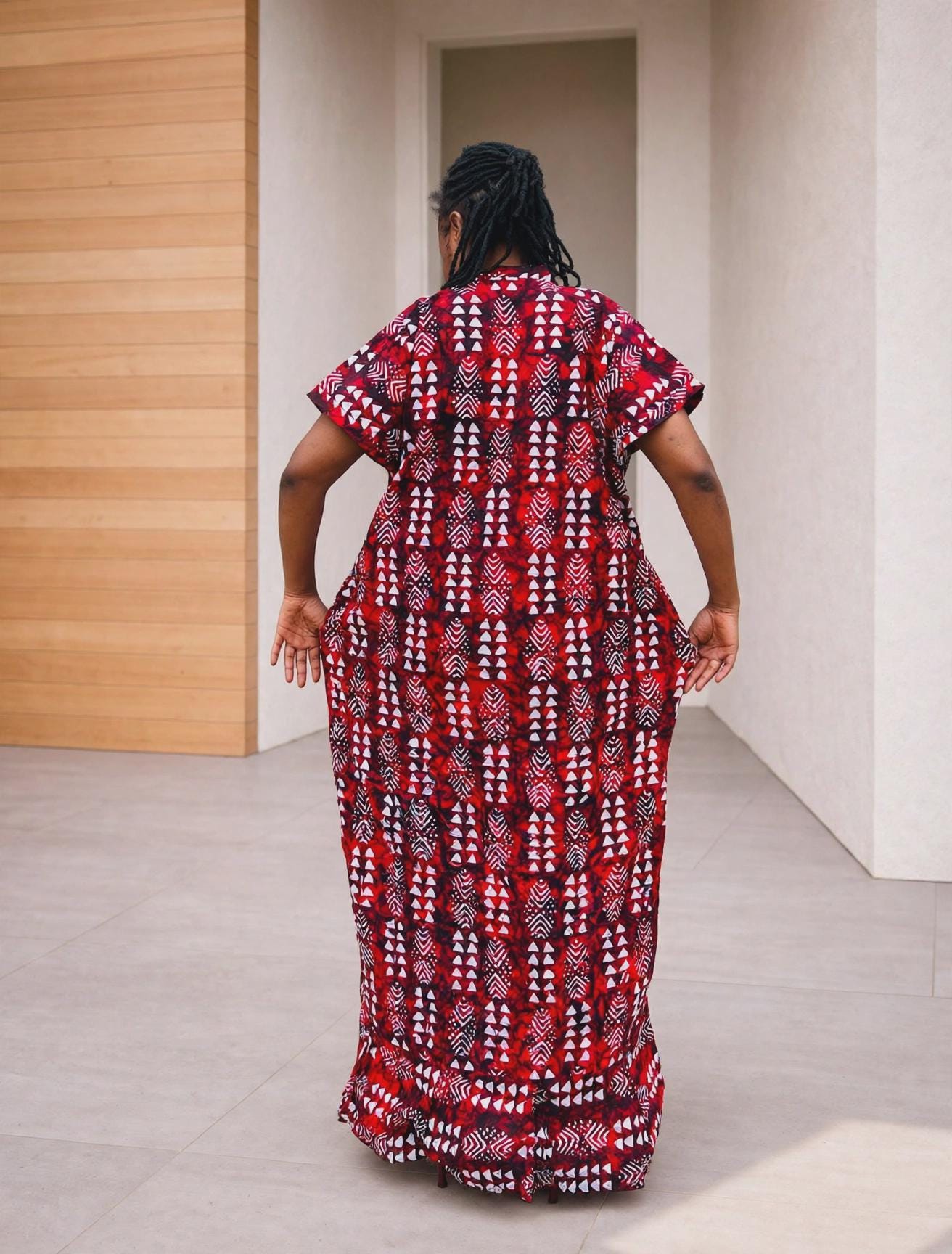 Arrowhead Ankara Boubou Gown | Geometric Cascade Kaftan, Wine Red Maxi