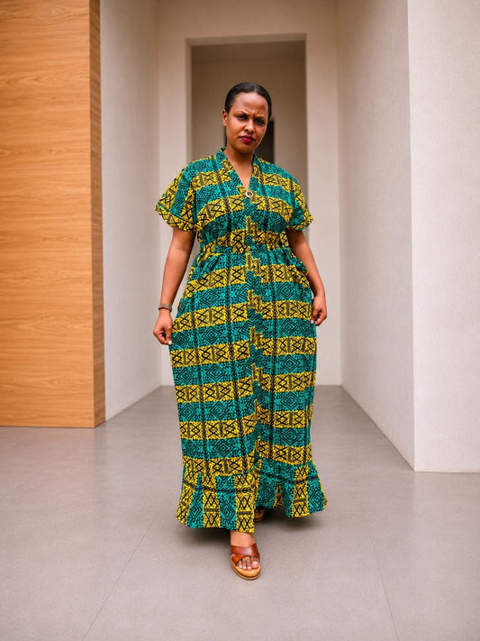 Cinched Ankara Maxi Gown | Elastic Waist Kaftan Dress, Smocked Bubu