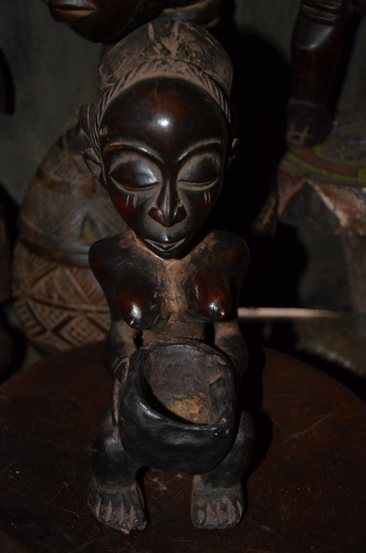 Authentic Luba Kneeling Figure | Mboko Bowl Bearer | Congolese Tribal Art