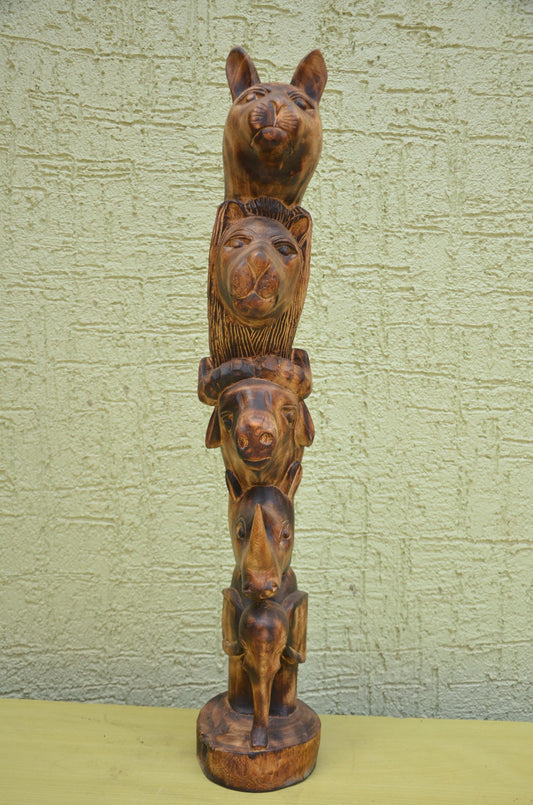 African Wooden Safari Animal Totem Sculpture | Tribal Art