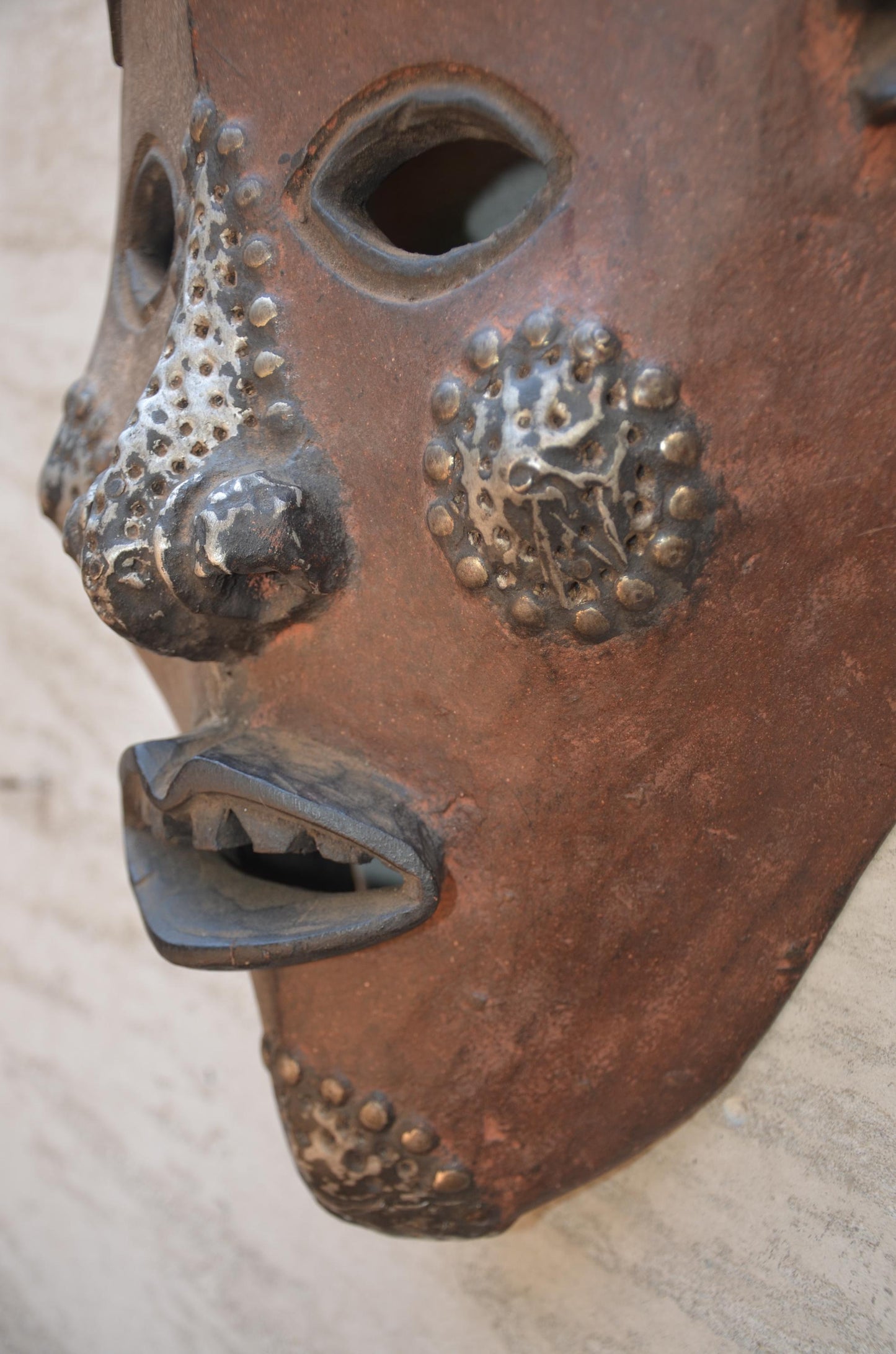 Large Yaure Yaure Mask - 24" Two-Tone African Wood Carving, Metallic Tack Details, Ivory Coast Tribal Wall Sculpture.