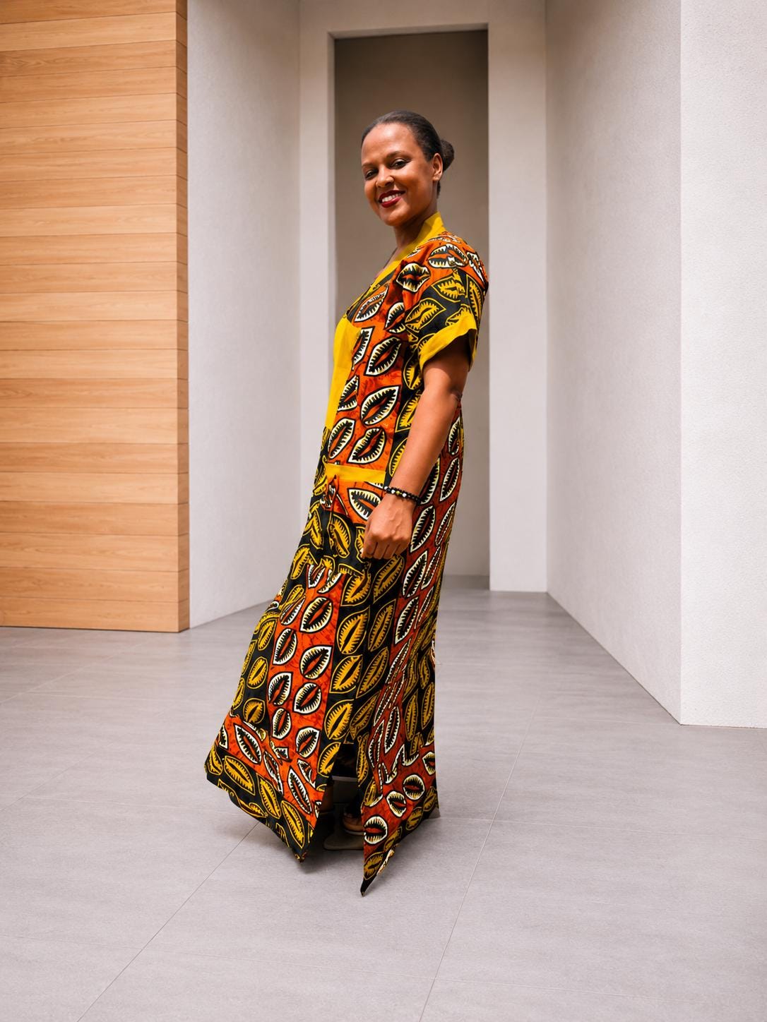 Color-Blocked Mustard Leaf Kaftan | Paneled Botanical Maxi, Trimmed Bubu