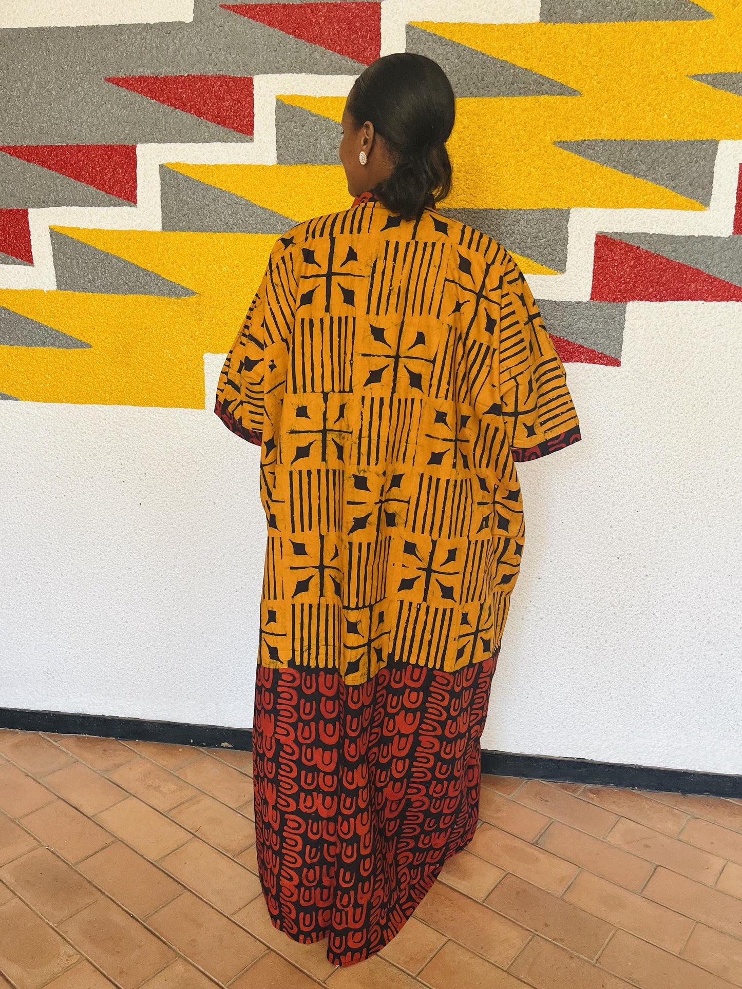Split Graphic Ankara Boubou Gown | Half-and-Half Tribal Kaftan, Mustard and Burgundy Maxi