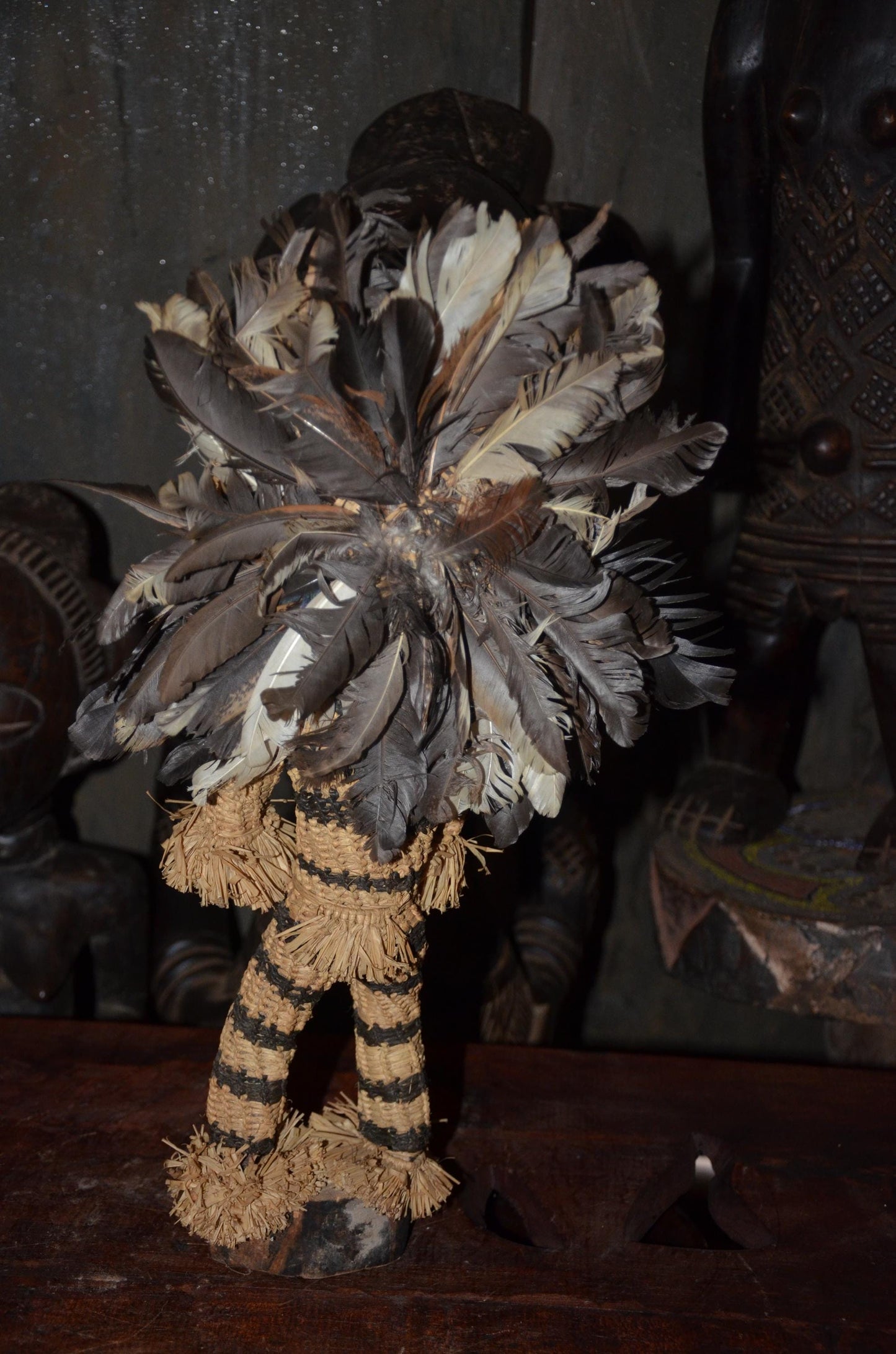 Pende Minganji Masquerade Dancer Doll - 17" Authentic Congo Woven Fiber Figure, Traditional Raffia & Feather Folk Art.