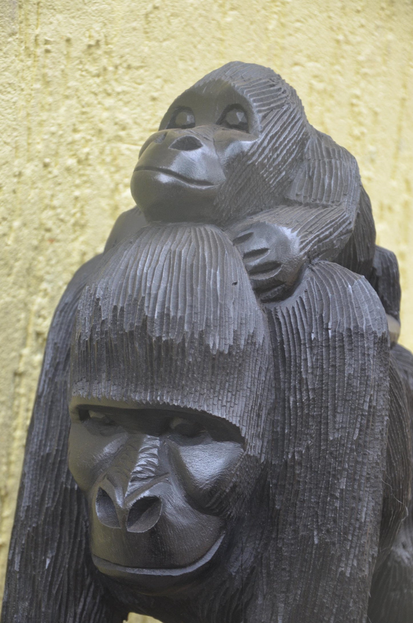 Hand-Carved African Mother and Baby Gorilla Wood Sculpture