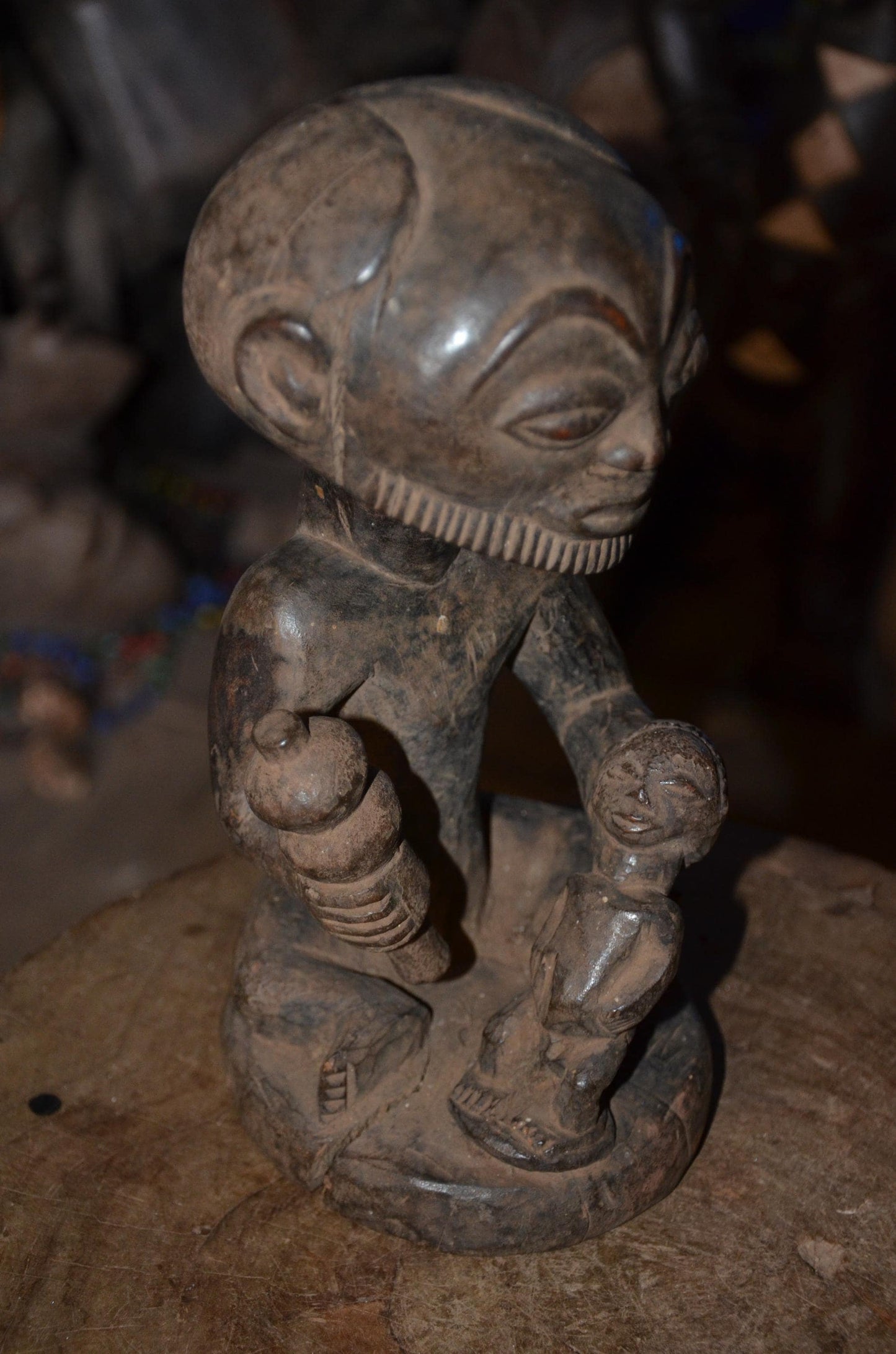Luba Hemba Ancestor Figure | Seated Chief with Staff & Child | Tribal Wood Statue