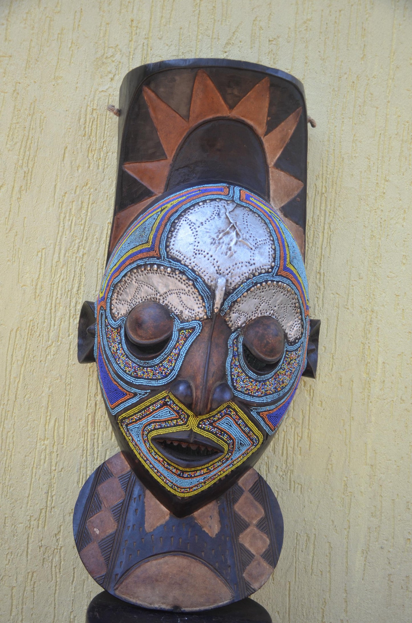 Marka African Mask – 34" Large Hand-Carved Wood & Brass Mask – Mali Wall Art.