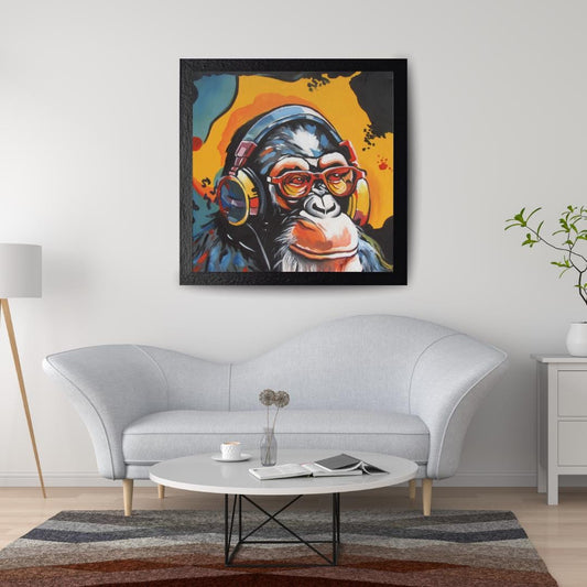 Art sur toile Chimp DJ, peinture animale abstraite, décoration murale encadrée de style huile, art coloré éclaboussé pour la maison ou le bureau