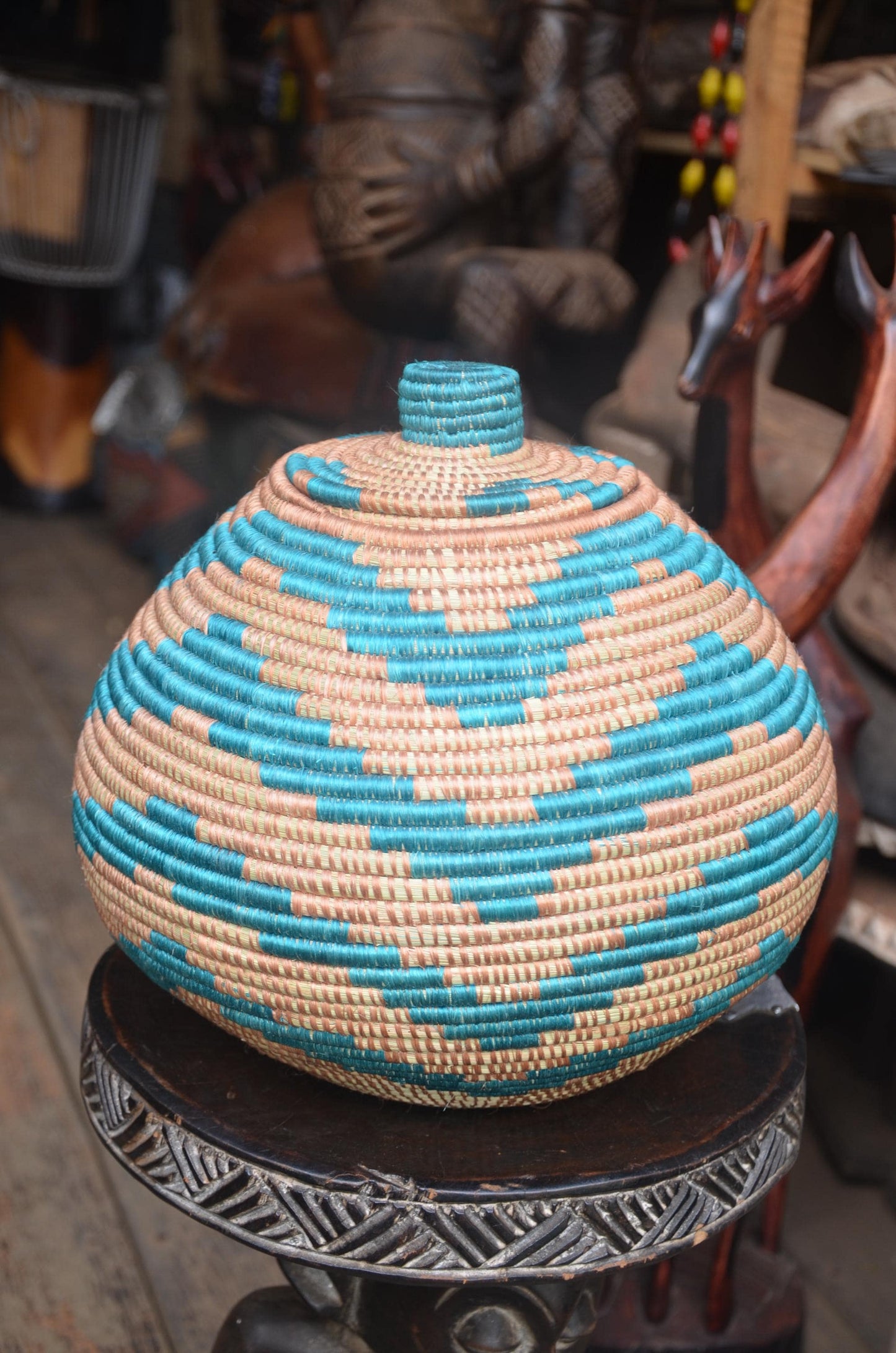 Authentic Rwandan Lidded Basket | Hand-Woven Storage | Global Artisan Decor