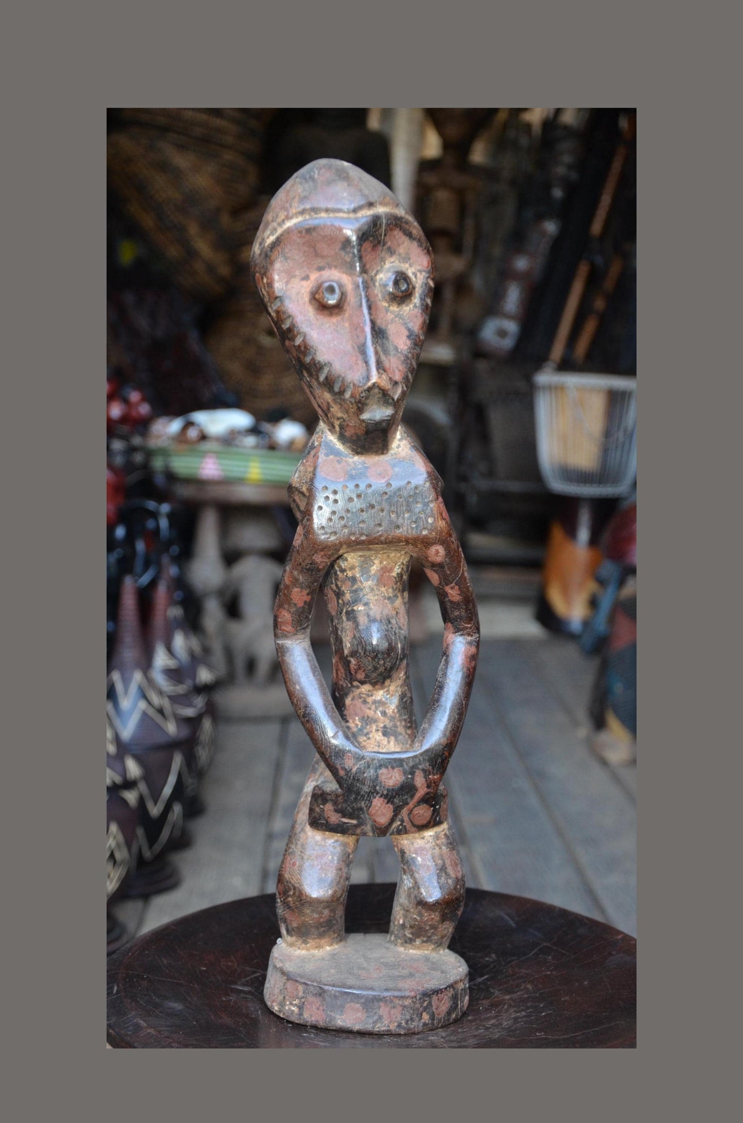 Authentic Lega Ancestor Figure - 19" Hand-Carved Wood Bwami Initiation Statue, Traditional Kaolin & Ochre Patina.