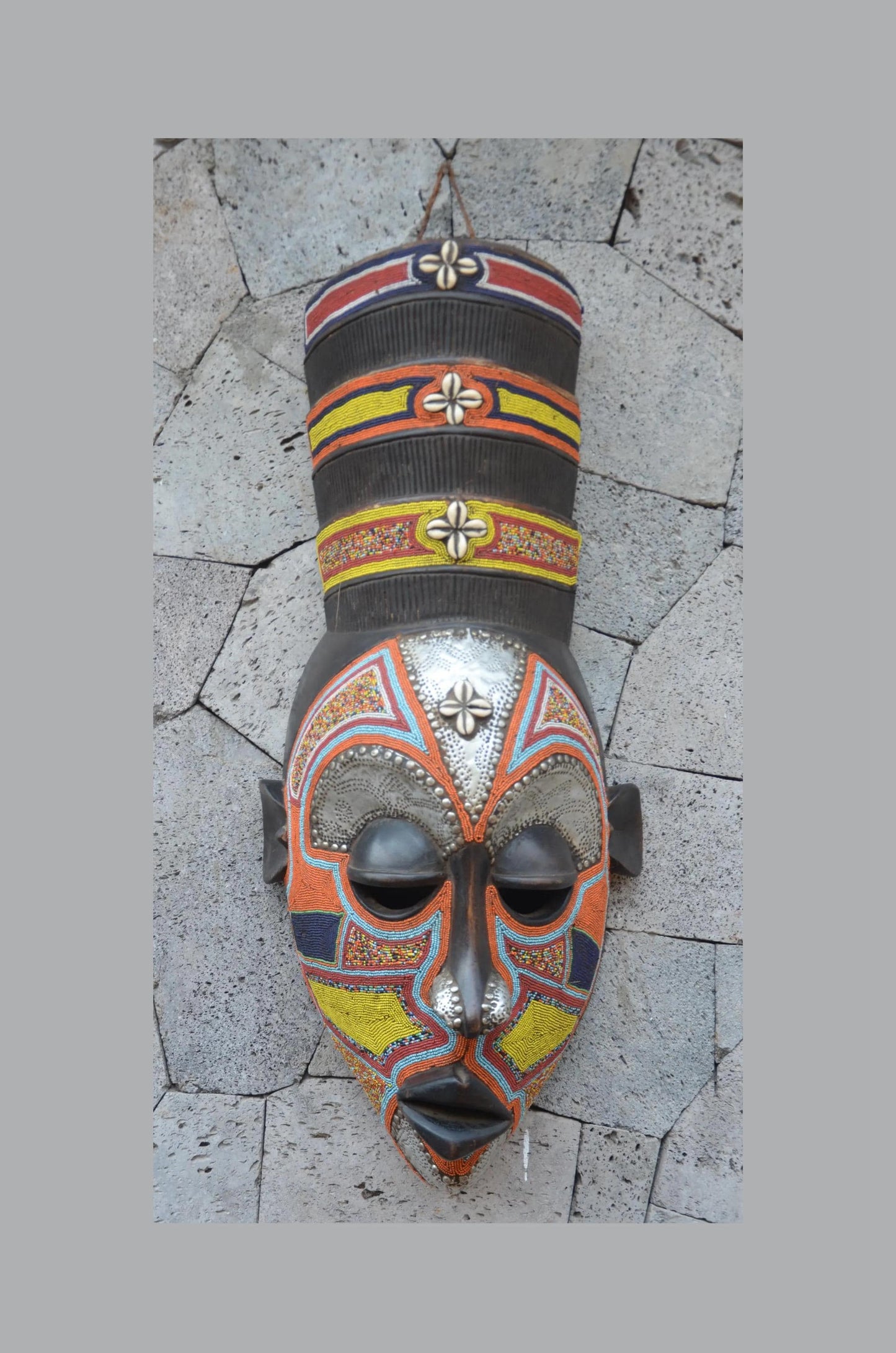 Yoruba Beaded Mask – 38" Large Hand-Carved Wood & Brass Mask – Wall Art