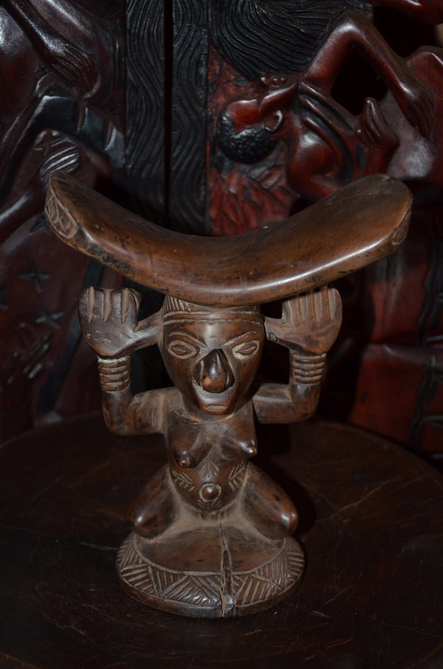 Luba Songye Caryatid Stool – 10" Hand-Carved Wood Headrest – Congo Tribal Art