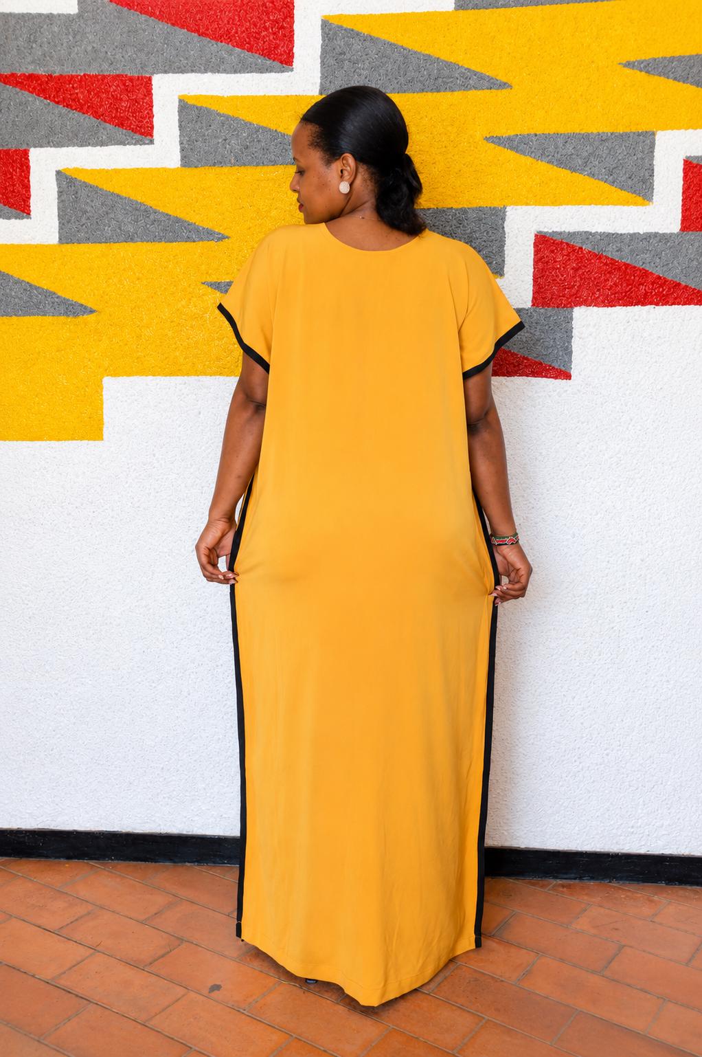 Minimalist Mustard Yellow Boubou Gown | Plain Kaftan with Patterned Placket, Solid Maxi