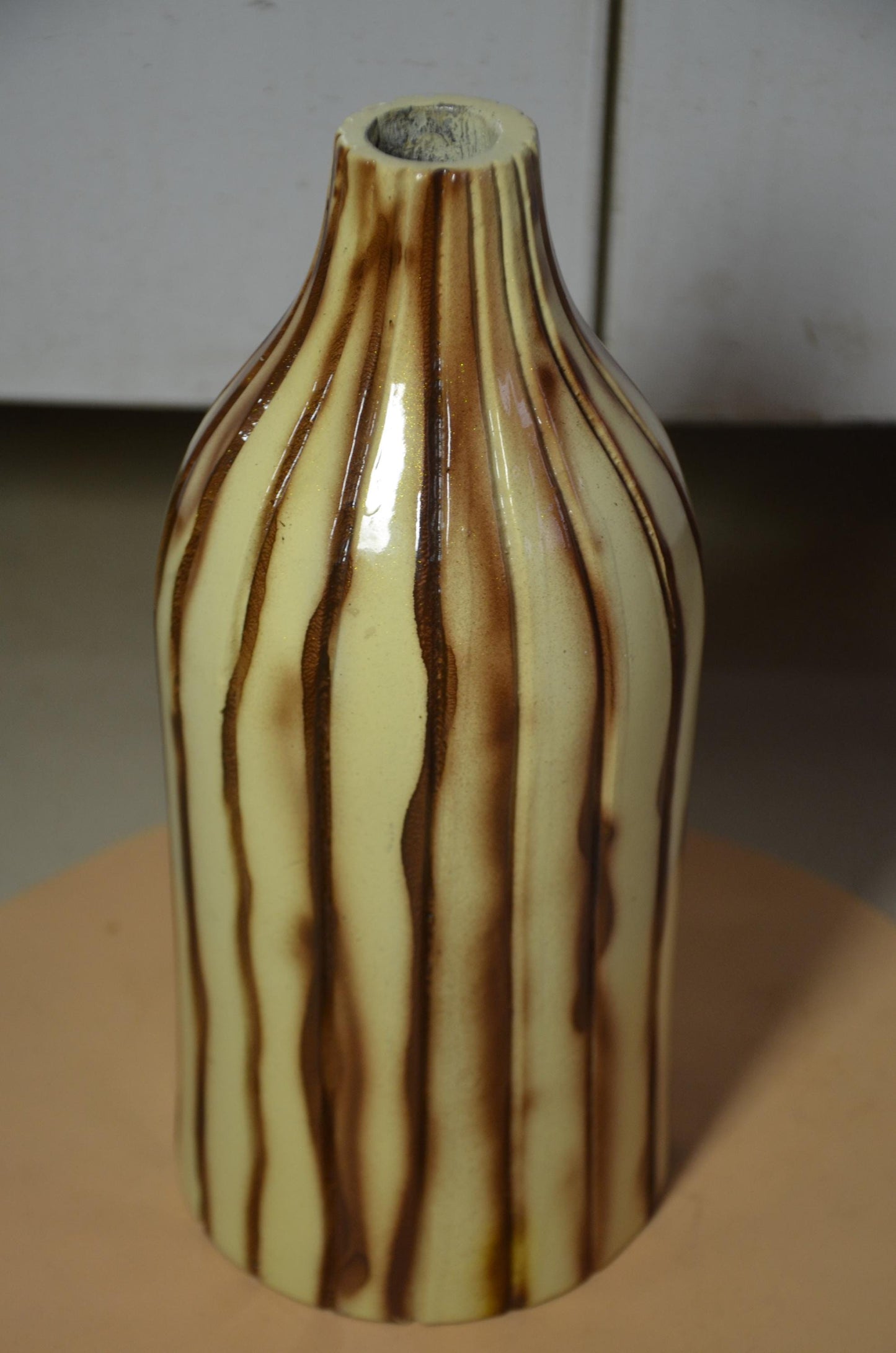 Fluted Wooden Bottle Vase | Cream and Brown Ribbed Vessel