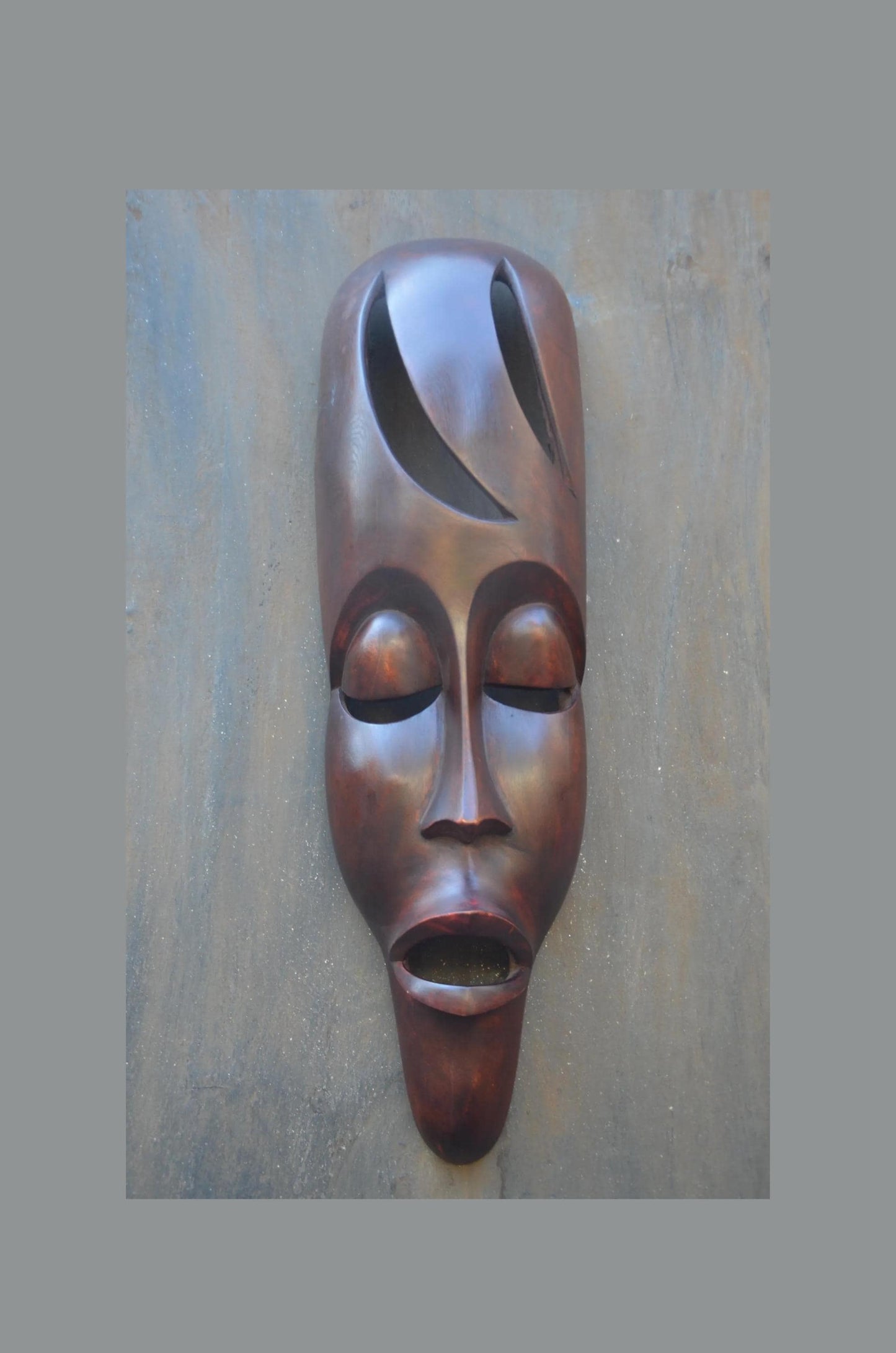 An Authentic Fang Ngil-Style Elongated Mask - 24" Sleek Gabon African Wood Mask, Contemporary Openwork Statement Wall