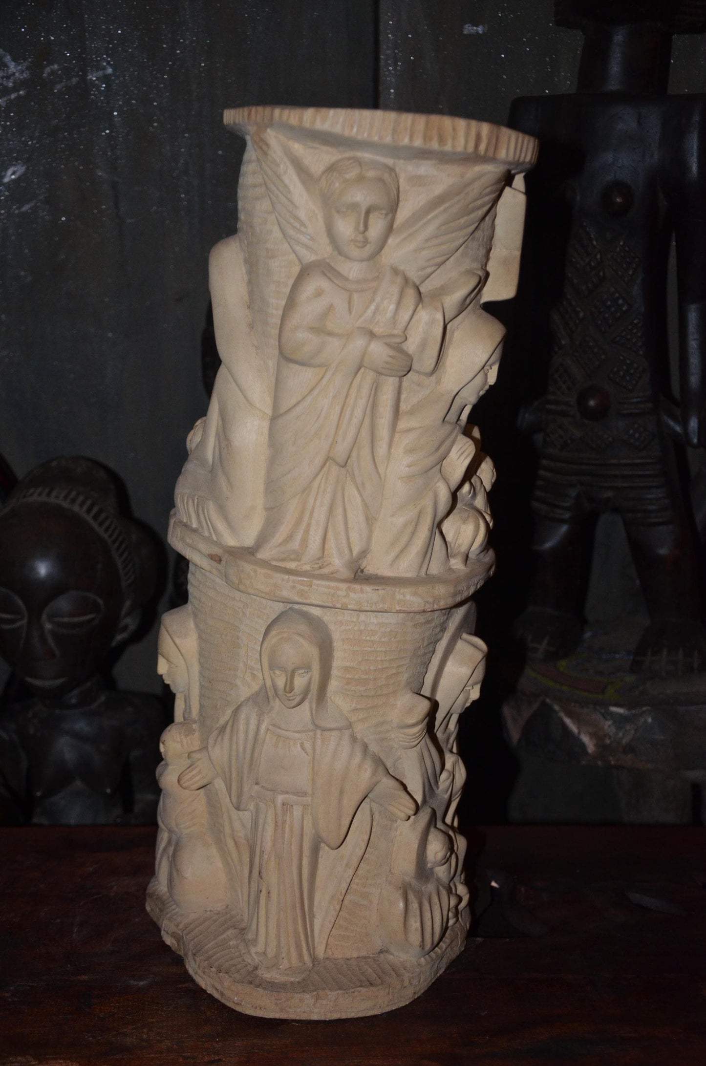 African Carved Wood Stool | Relief Side Table | Handmade Tribal Furniture