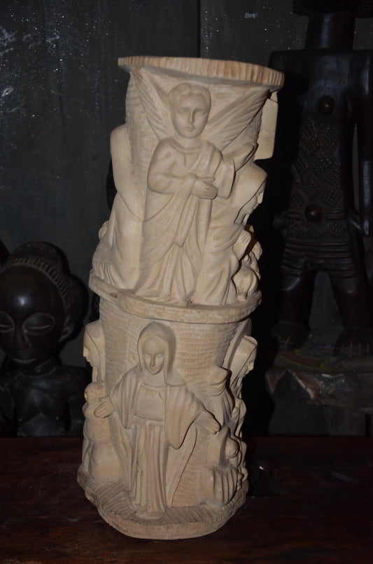 African Carved Wood Stool | Relief Side Table | Handmade Tribal Furniture