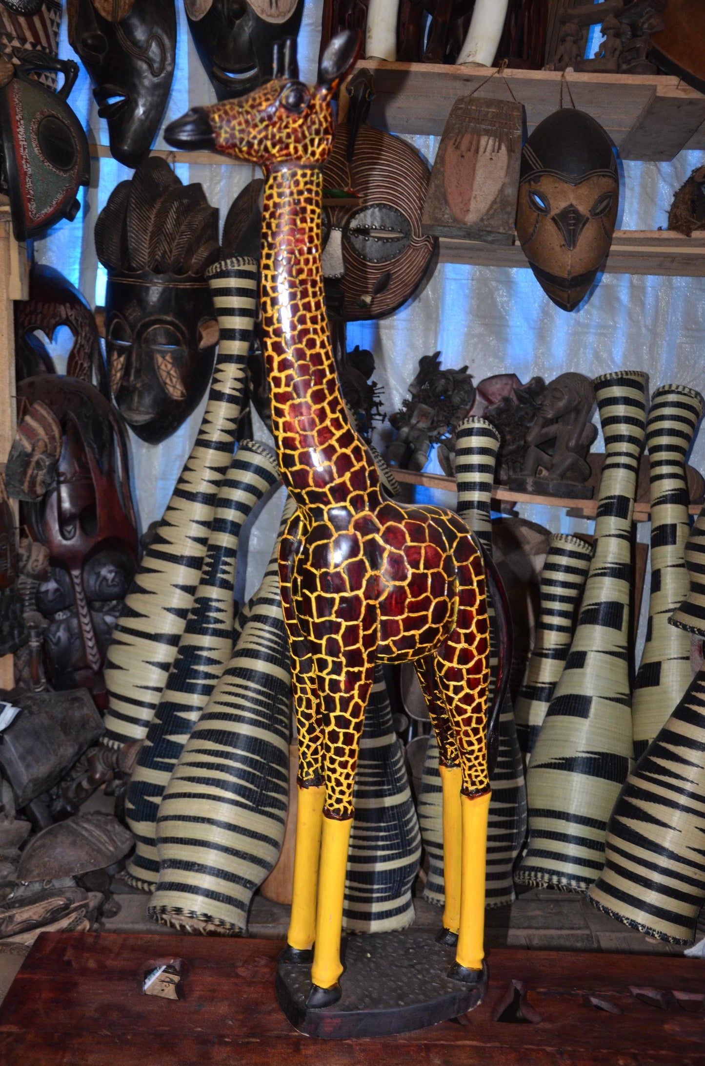 Hand-Carved African Wooden Giraffe Sculpture - 45" Tall Large Wildlife Statue, High-End Wood Carving Statement Piece.