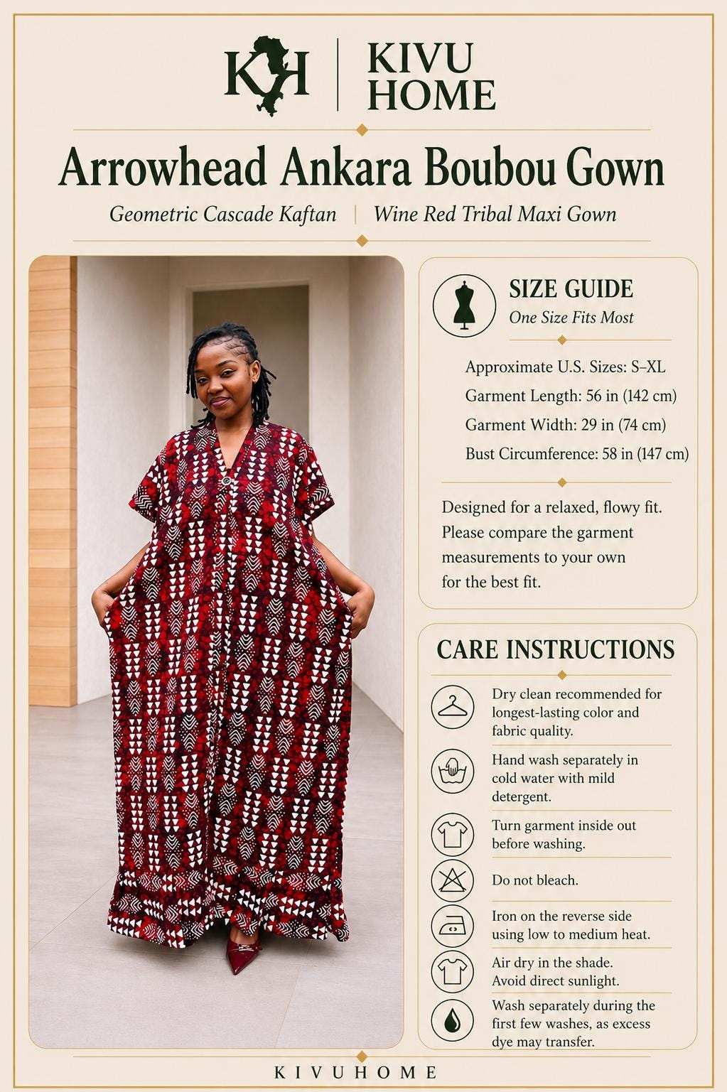 Arrowhead Ankara Boubou Gown | Geometric Cascade Kaftan, Wine Red Maxi