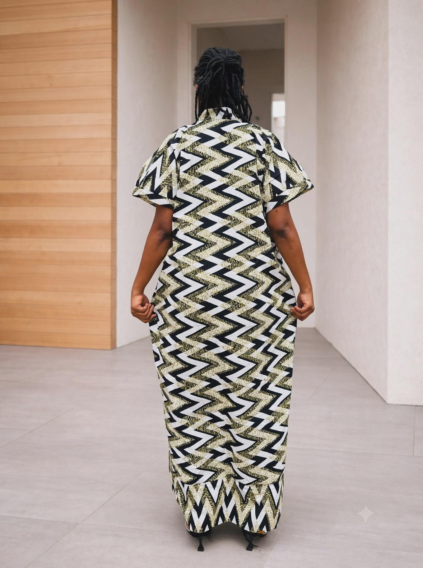 Zigzag Print Boubou Gown | Monochrome Ankara Maxi Dress, One-Size Kaftan