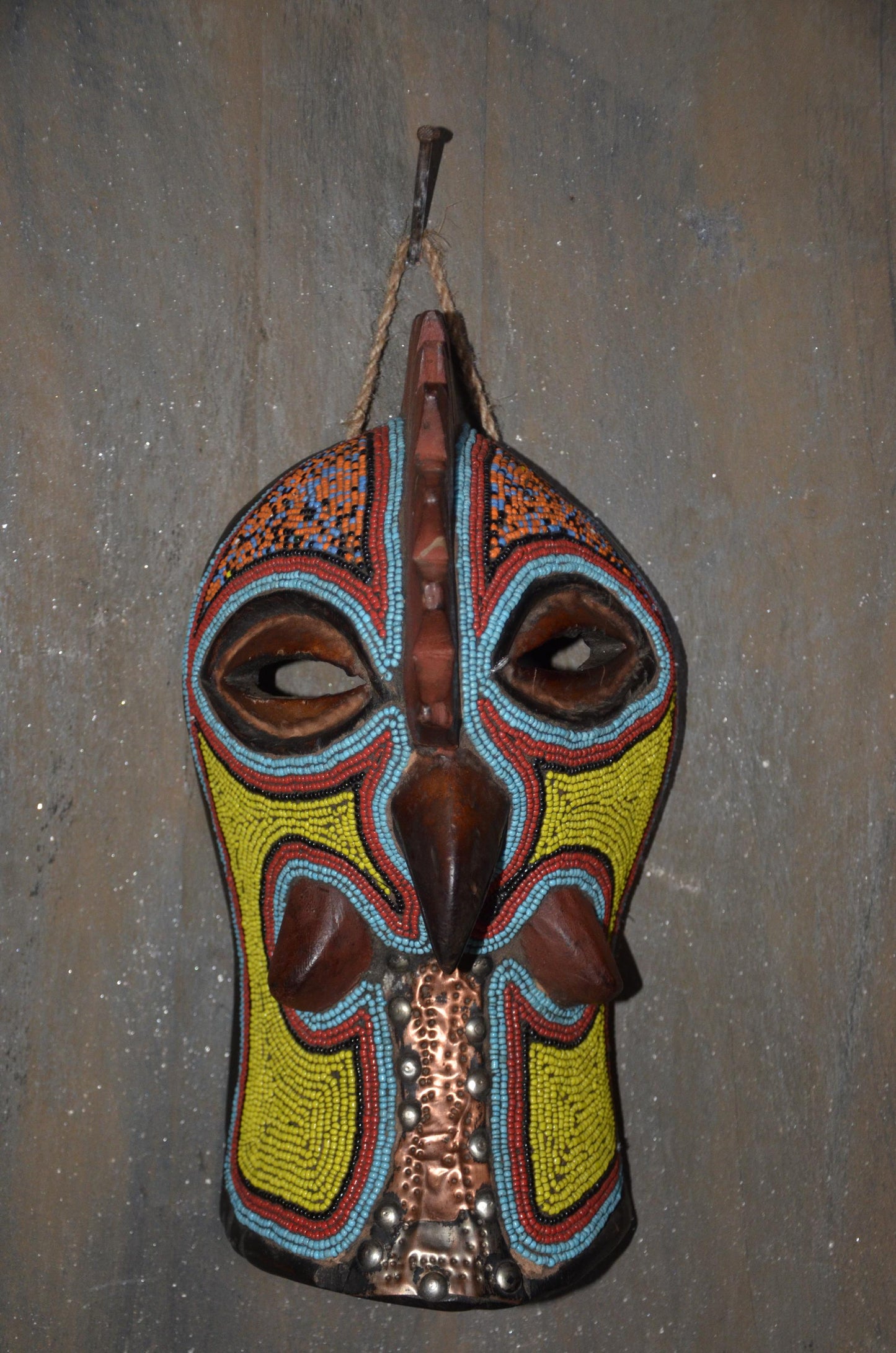 Beaded Rooster Mask – 12" Hand-Carved Wood Tribal Bird Mask – Wall Decor.