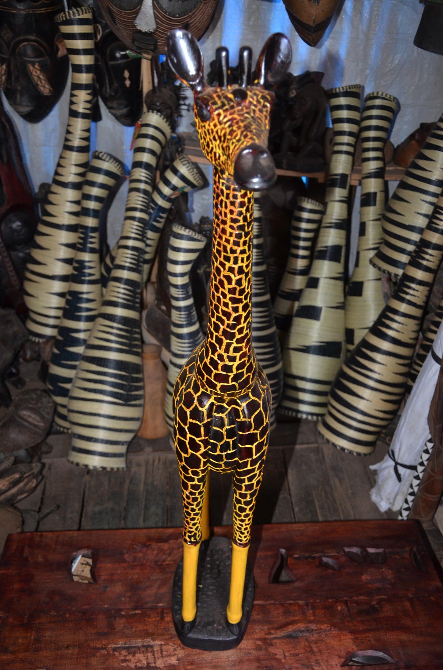 Hand-Carved African Wooden Giraffe Sculpture - 45" Tall Large Wildlife Statue, High-End Wood Carving Statement Piece.