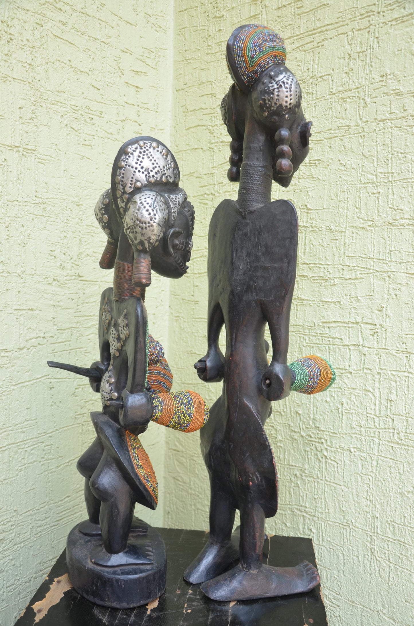 Bamileke Beaded Figures â€“ 35" Hand-Carved Wood Royal Couple â€“ Cameroon Art.