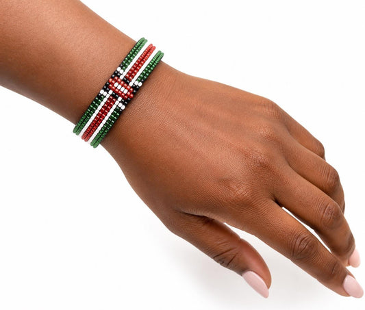 Kenyan Flag Beaded Bracelet â€“ Handmade African Jewelry, Black Red Green & White
