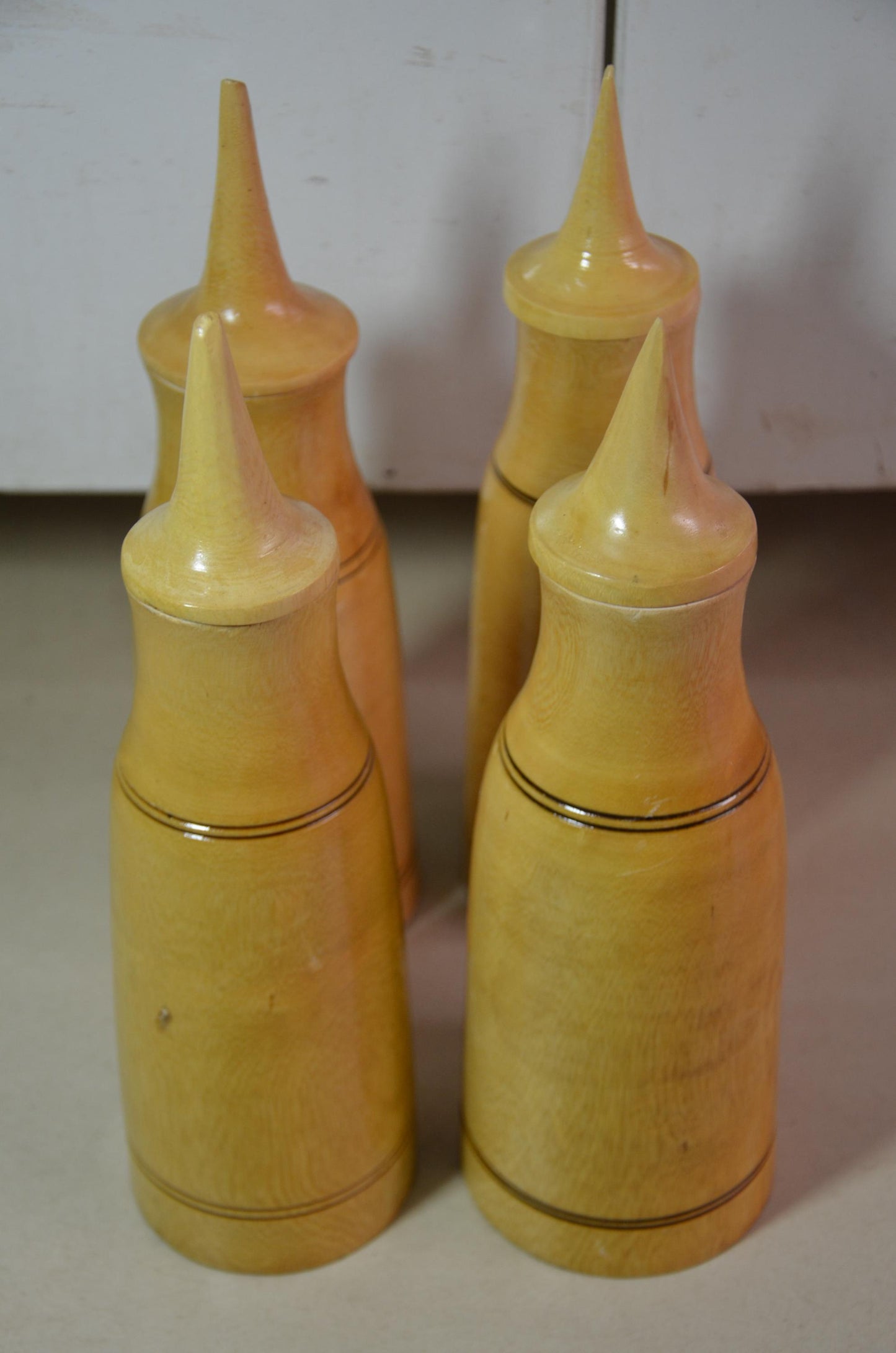 Blonde Wood Finial Bottles Set | Pointed Lid Canister Collection