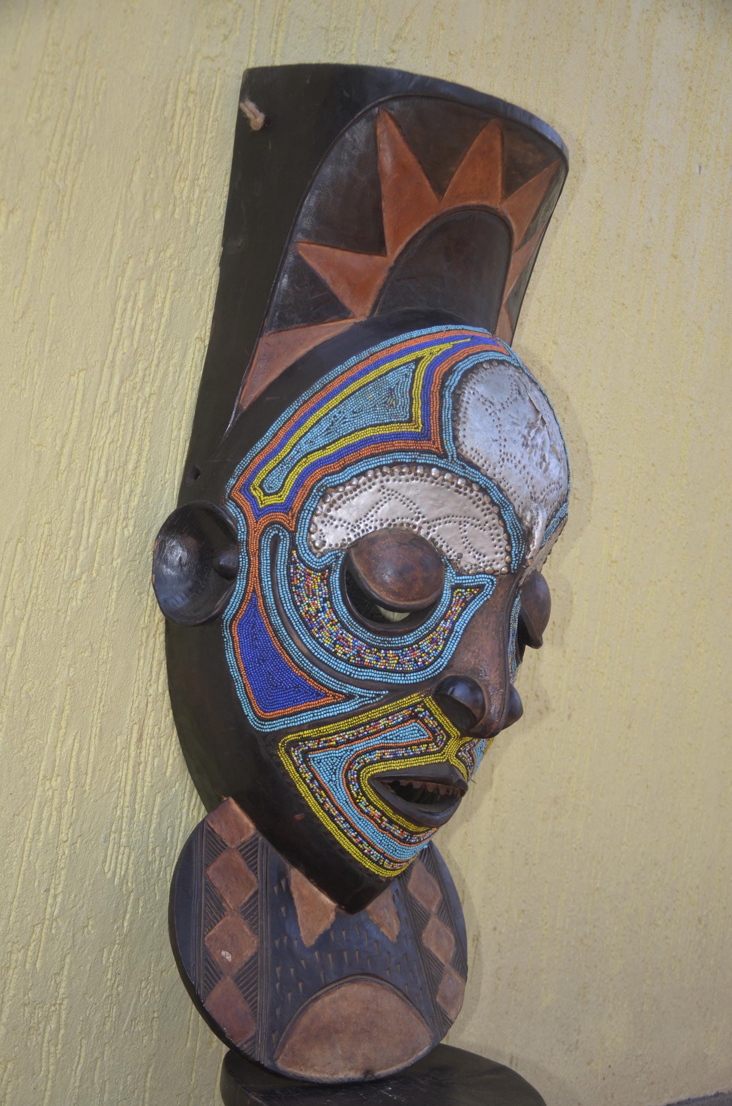 Marka African Mask – 34" Large Hand-Carved Wood & Brass Mask – Mali Wall Art.