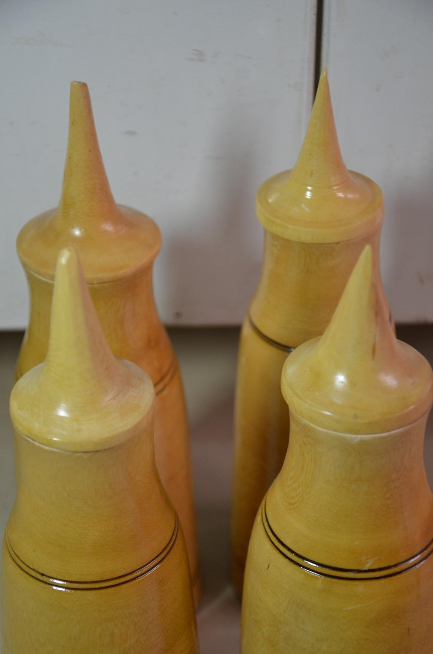 Blonde Wood Finial Bottles Set | Pointed Lid Canister Collection