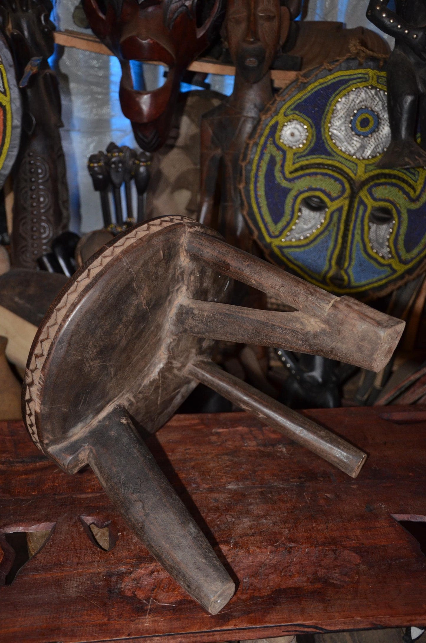 Authentic Kamba / Senufo Three-Legged Stool - 14" Hand-Carved African Wood Prestige Stool, Incised Geometric Rim.