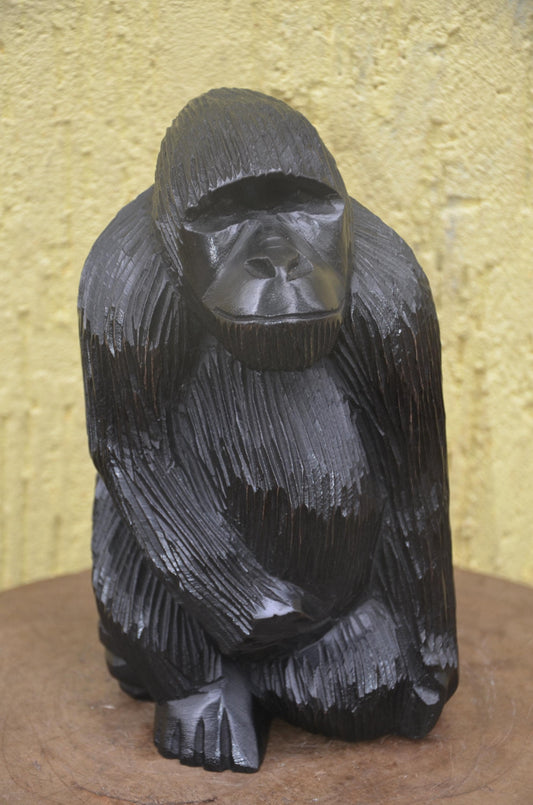 Hand-Carved African Wooden Gorilla with Baby Sculpture