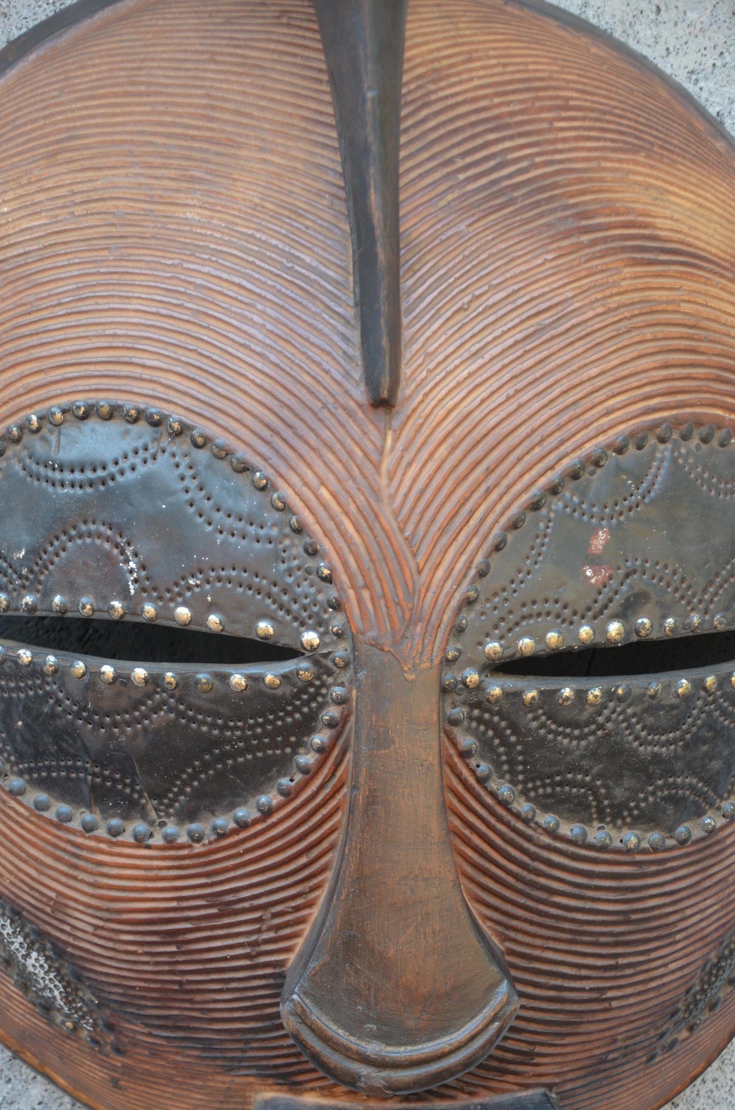 Grand Luba-Style African Mask - Massive 33" Hand-Carved Striated Wood Kifwebe Mask, Metal Sheet Overlay & Bird Crest Statement Piece.