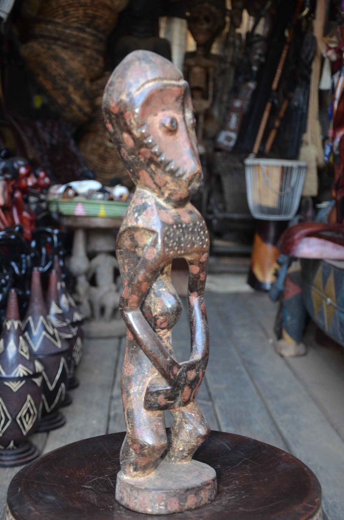 Authentic Lega Ancestor Figure - 19" Hand-Carved Wood Bwami Initiation Statue, Traditional Kaolin & Ochre Patina.