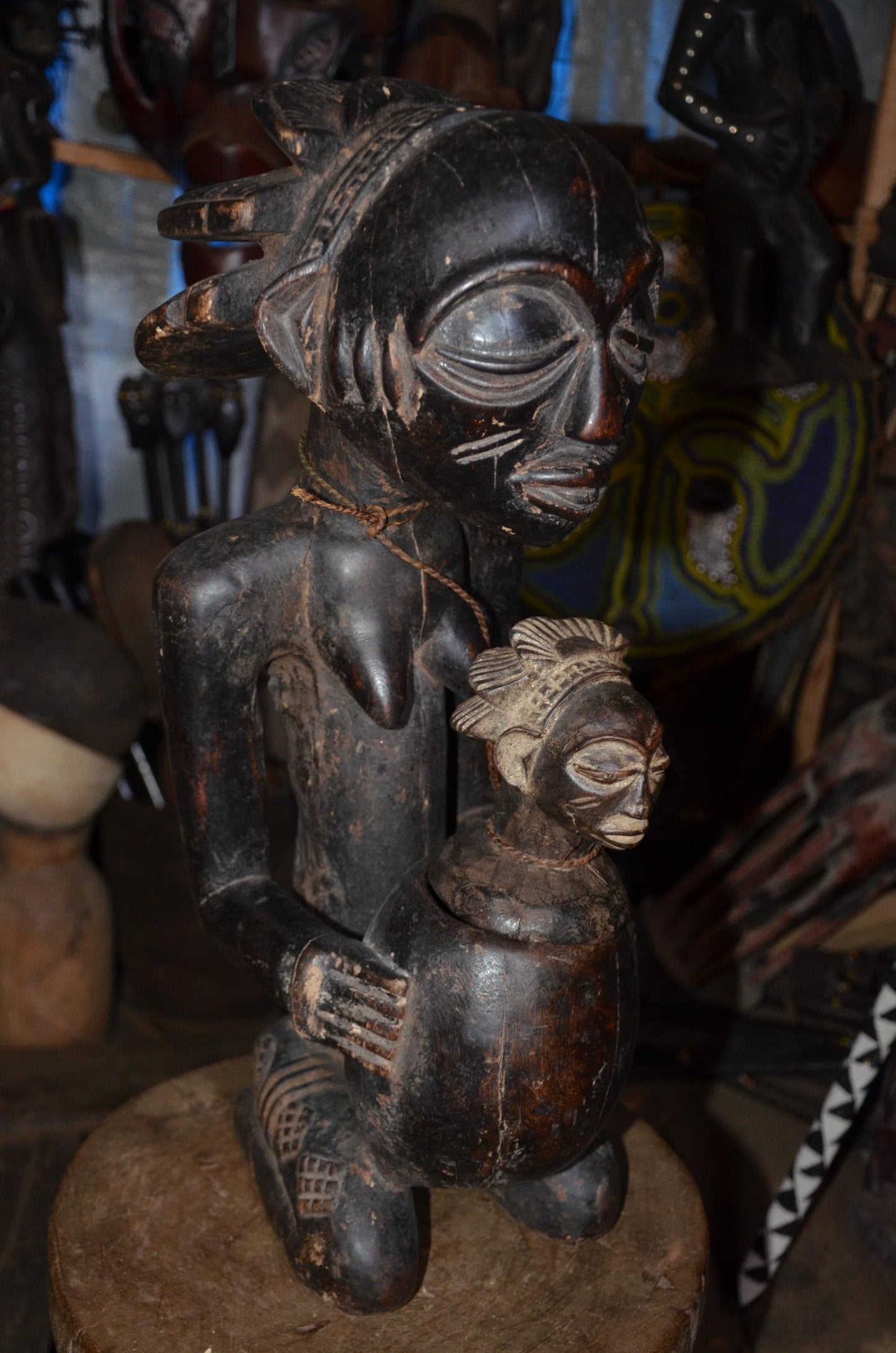 Luba Female Bowl Bearer | Mboko Wood Sculpture | Authentic Congolese Tribal Art
