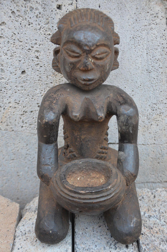 Authentic Luba Bowl Bearer Statue | Congolese Tribal Art | Hand-Carved