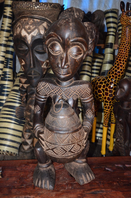 Authentic Luba Bowl Bearer | Mboko Ceremonial Figure | Congolese Tribal Art