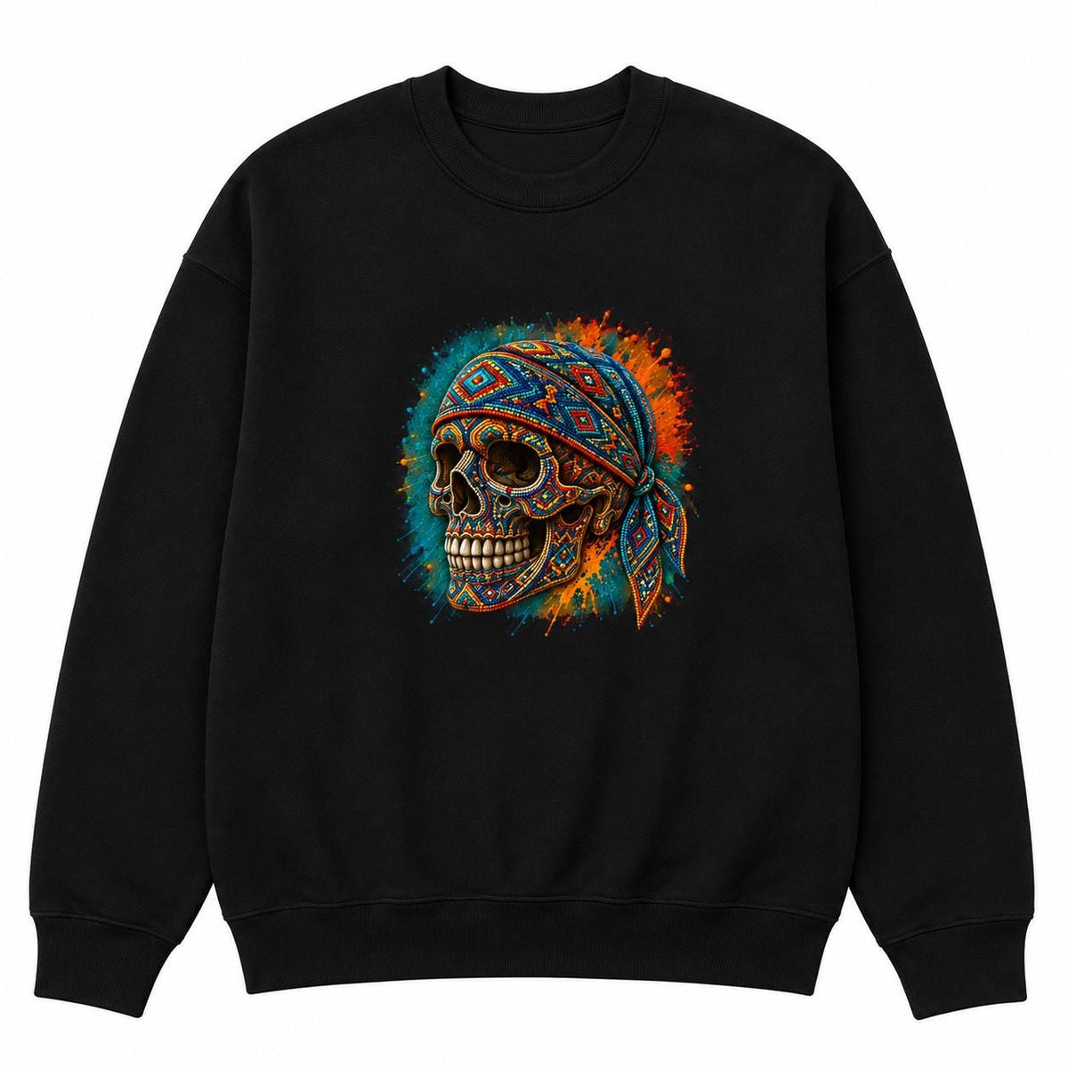 African Inspired Skull Sweatshirt, Colorful Geometric Skull Crewneck, Halloween Streetwear