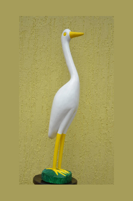 White Crane Garden Statue – 32" Hand-Carved Wood Egret Heron Outdoor Decor.