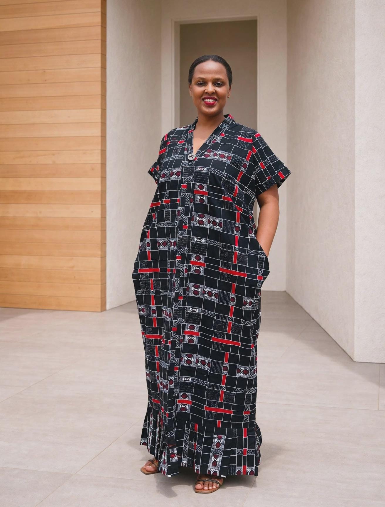 Geometric Plaid African Shirt Kaftan | Buttoned Grid Boubou, Monochromatic Maxi