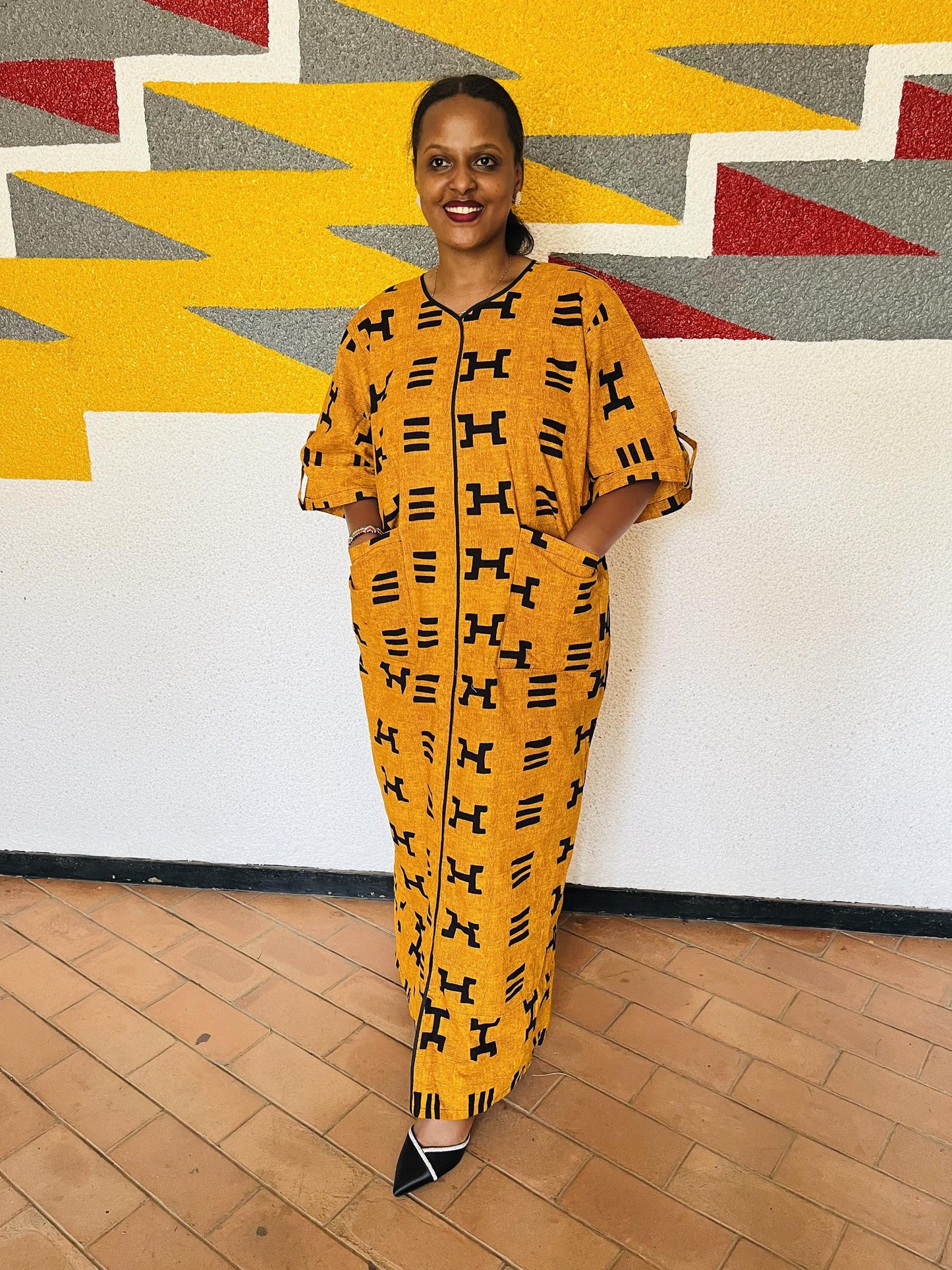 Mustard Yellow Graphic Shirt Kaftan | Buttoned Symbolic Boubou, Ochre Maxi