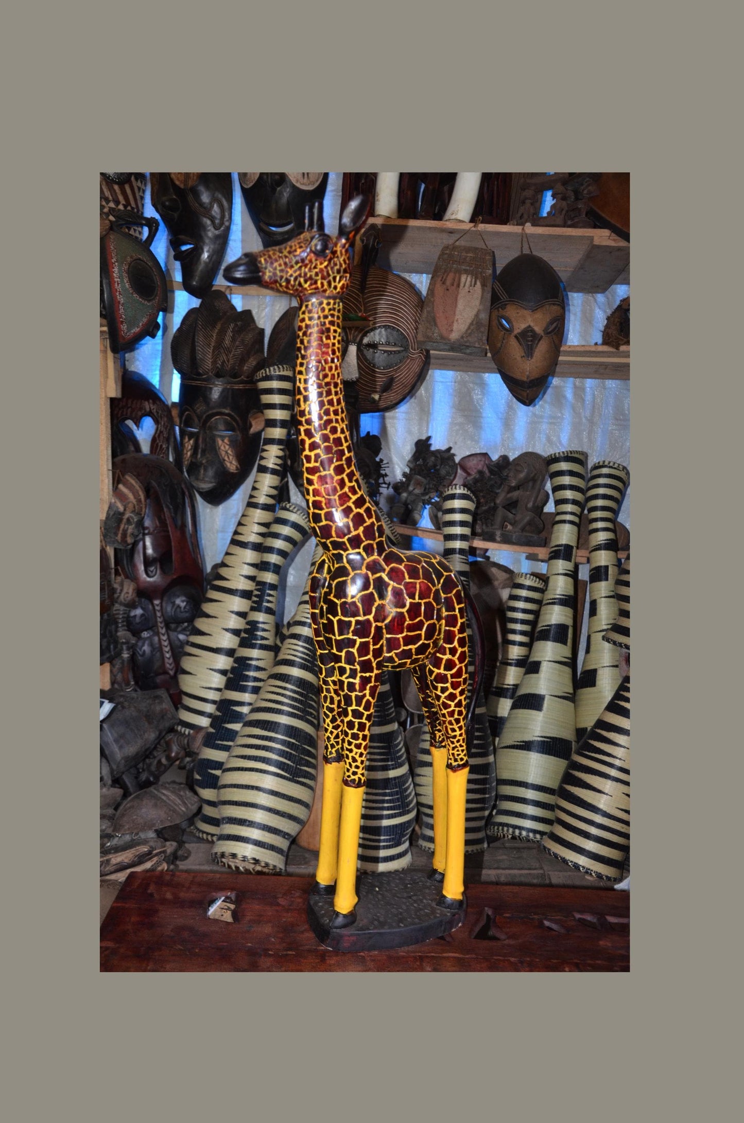 Hand-Carved African Wooden Giraffe Sculpture - 45" Tall Large Wildlife Statue, High-End Wood Carving Statement Piece.