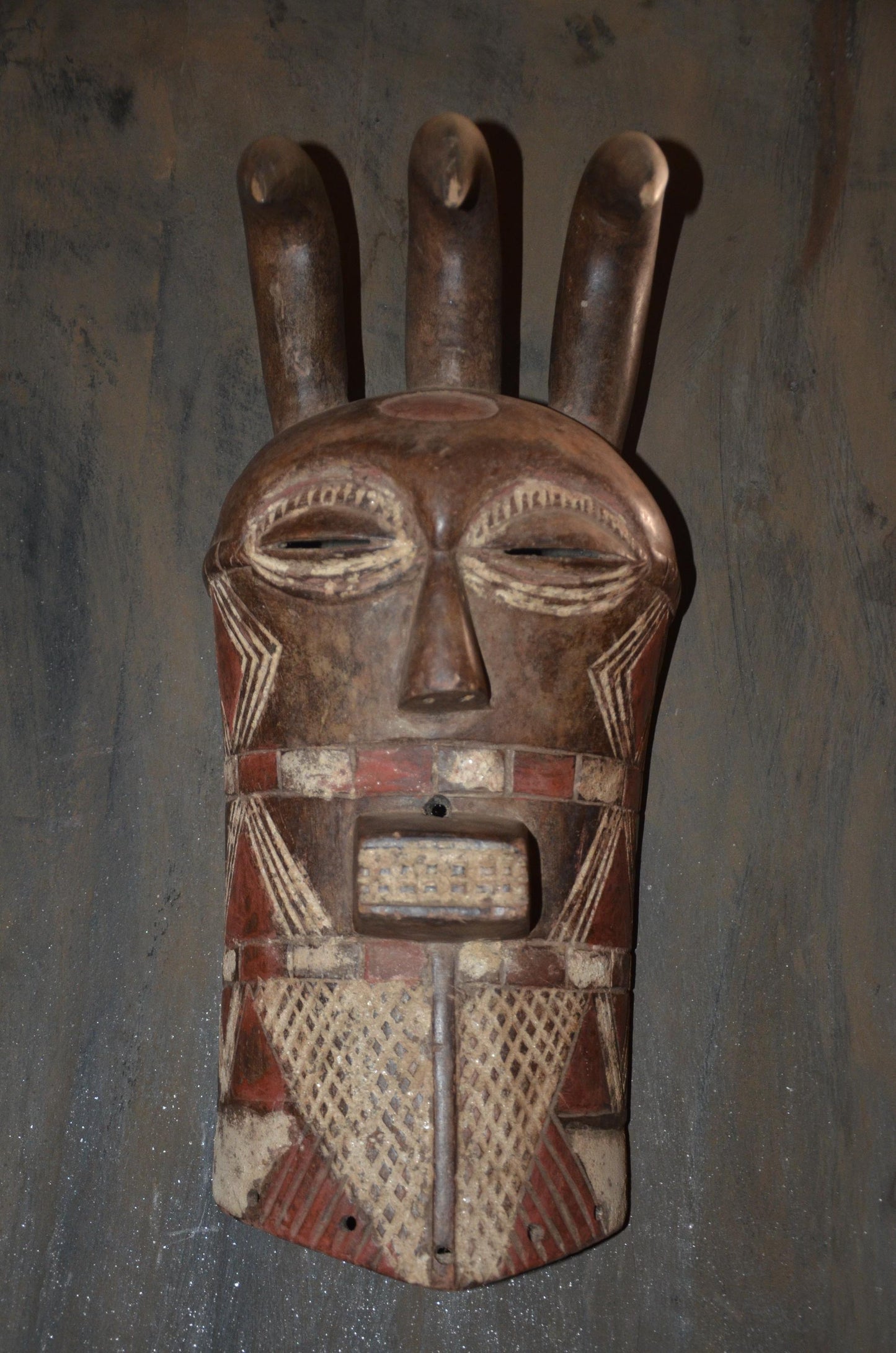 Marka Ntomo Polychrome Mask - 21" Authentic Mali Maraka Wood Carving, Three-Horned Initiation Face Mask.