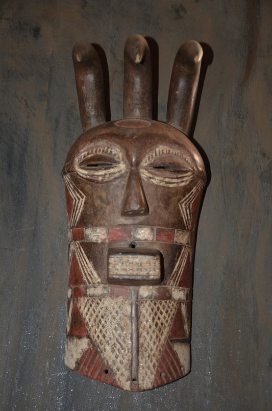 Marka Ntomo Polychrome Mask - 21" Authentic Mali Maraka Wood Carving, Three-Horned Initiation Face Mask.