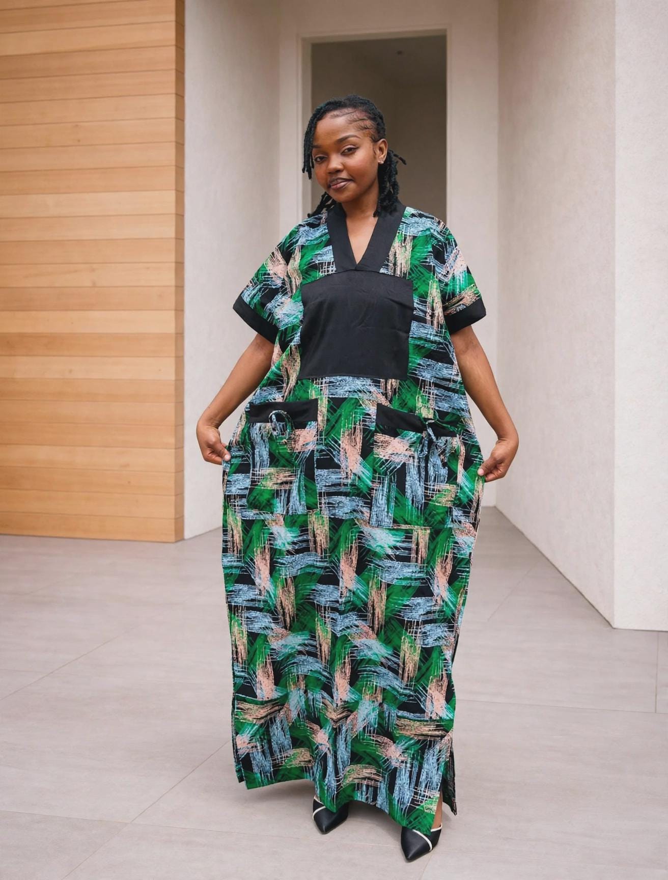 Color-Blocked Kampala Maxi Gown | Paneled Brushstroke Silk Kaftan, Mixed-Media Adire